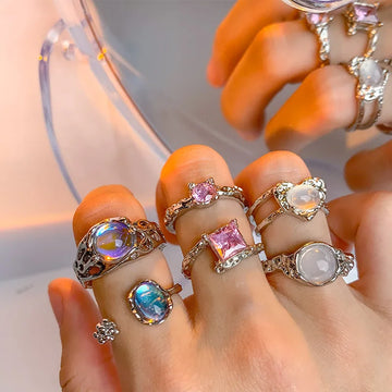 Daiiibabyyy Opal Irregular Natural Stone Ring With White Opal Aesthetic Egirl Hollow Rings for Women Y2K Trendy Ring Creative Finger Jewelry